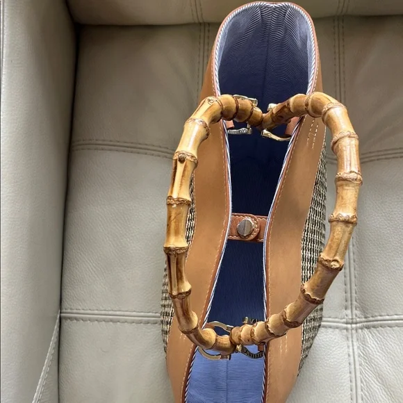 J McLaughlin Elpis Woven Straw Handbag Bamboo Handles Leather Upper Trim. - Picture 5 of 13